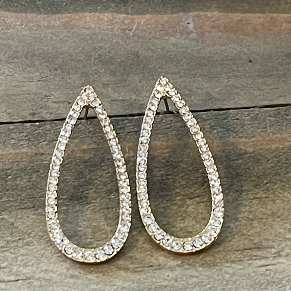 New Crystal Rhinestone Pave Open Teardrop Gold-tone 1.5 inch Glam Earrings - Picture 3 of 5